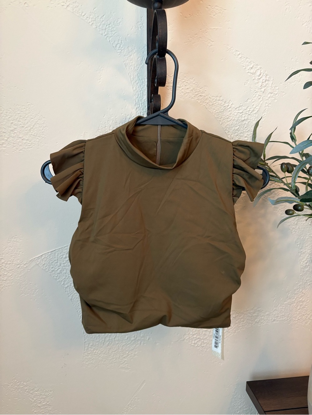 Olive Green Puff Sleeve Crop Top.